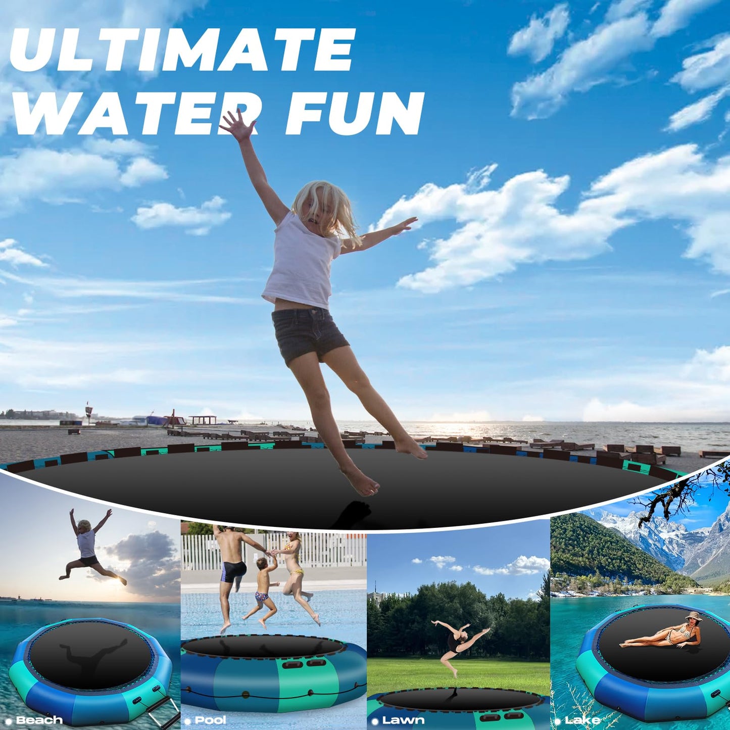 Inflatable Water Trampoline 10FT/12FT Floating Trampoline for Kids & Adults Recreational Water Bouncer