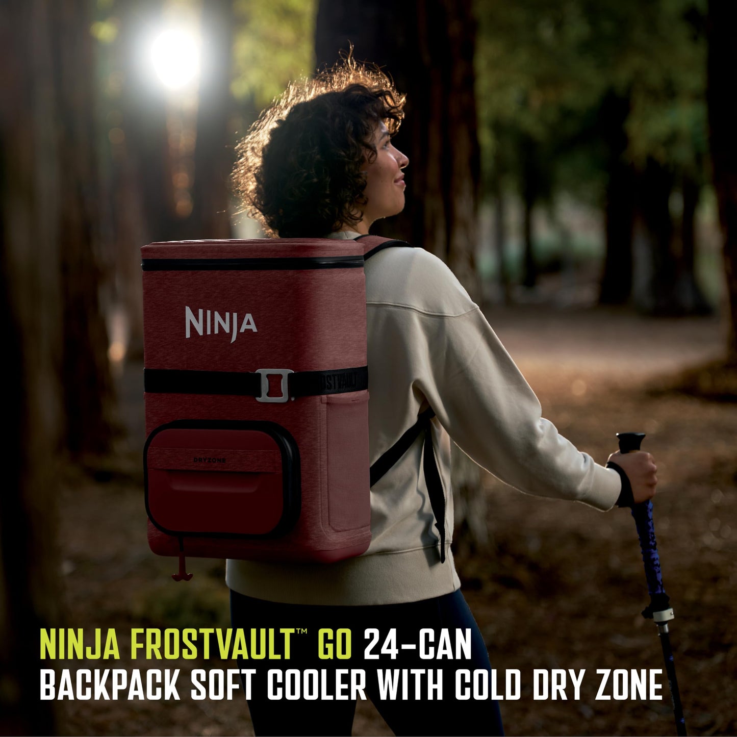 Ninja | Backpack Cooler | FrostVault Go 24 Can Soft Cooler | Leakproof Zipper with Built in Can Opener, 2 Ice Packs & Dry Storage Drawer | for Hiking, Camping & More | Canyon Red | FF124MR