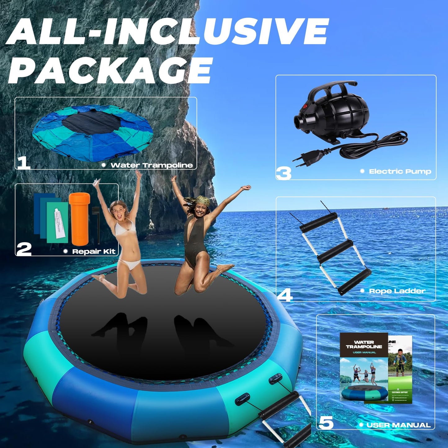 Inflatable Water Trampoline 10FT/12FT Floating Trampoline for Kids & Adults Recreational Water Bouncer