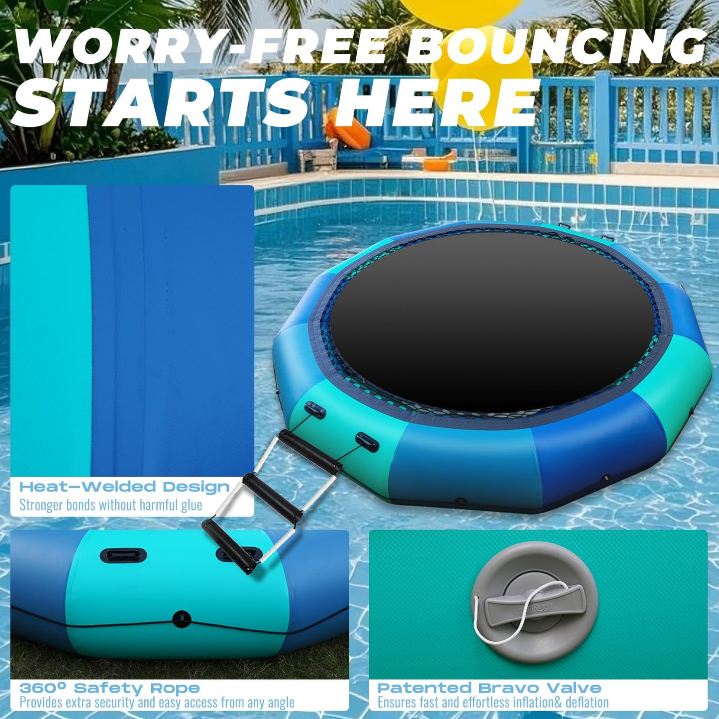 Inflatable Water Trampoline 10FT/12FT Floating Trampoline for Kids & Adults Recreational Water Bouncer