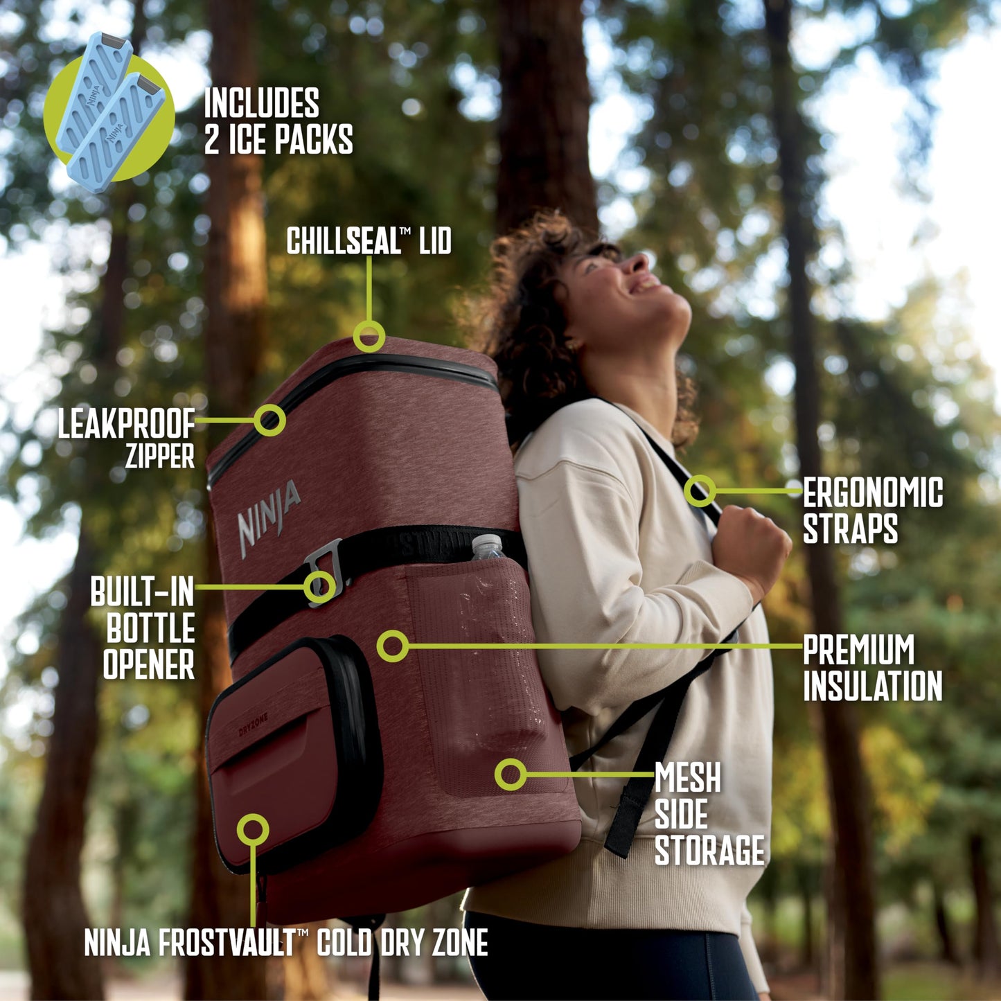 Ninja | Backpack Cooler | FrostVault Go 24 Can Soft Cooler | Leakproof Zipper with Built in Can Opener, 2 Ice Packs & Dry Storage Drawer | for Hiking, Camping & More | Canyon Red | FF124MR