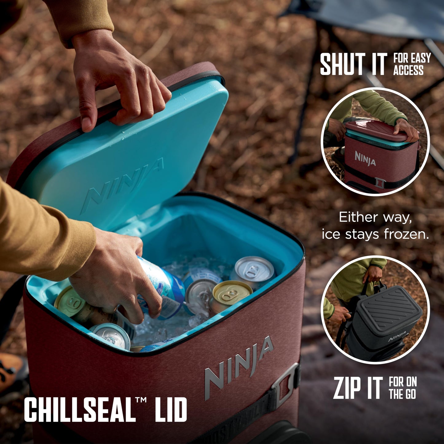 Ninja | Backpack Cooler | FrostVault Go 24 Can Soft Cooler | Leakproof Zipper with Built in Can Opener, 2 Ice Packs & Dry Storage Drawer | for Hiking, Camping & More | Canyon Red | FF124MR