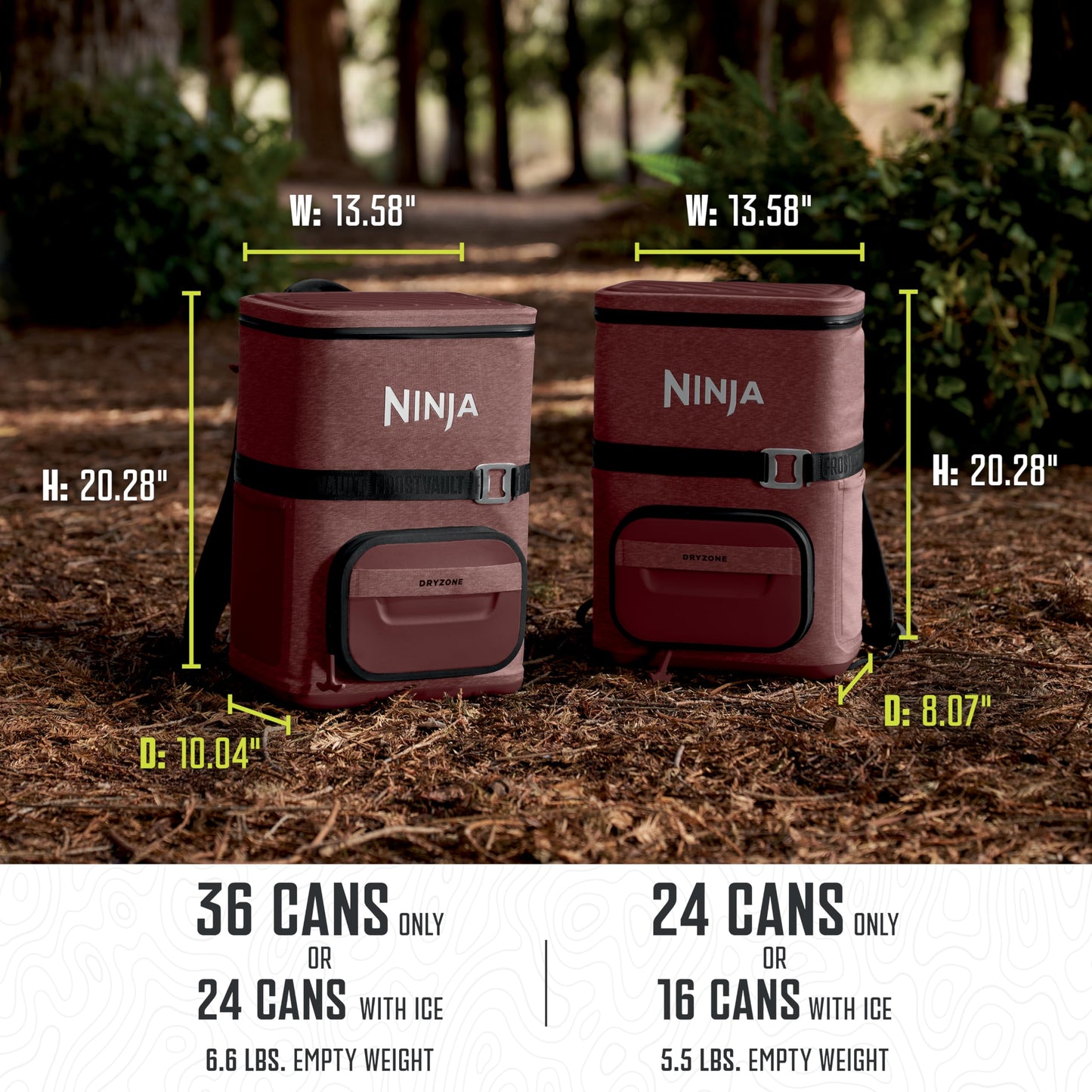 Ninja | Backpack Cooler | FrostVault Go 24 Can Soft Cooler | Leakproof Zipper with Built in Can Opener, 2 Ice Packs & Dry Storage Drawer | for Hiking, Camping & More | Canyon Red | FF124MR