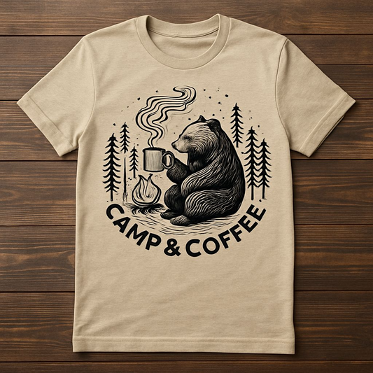 Cozy Bear Camp T-Shirt, Campfire Gift, Nature Lover Tee, Adventure Apparel, Mother's Day Gift, Coffee Enthusiast Shirt