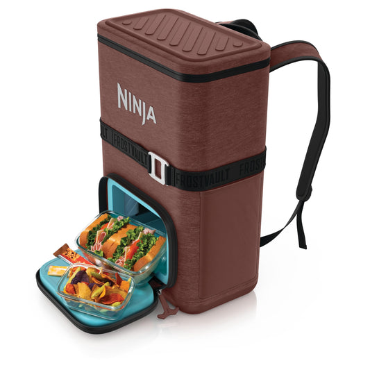 Ninja | Backpack Cooler | FrostVault Go 24 Can Soft Cooler | Leakproof Zipper with Built in Can Opener, 2 Ice Packs & Dry Storage Drawer | for Hiking, Camping & More | Canyon Red | FF124MR