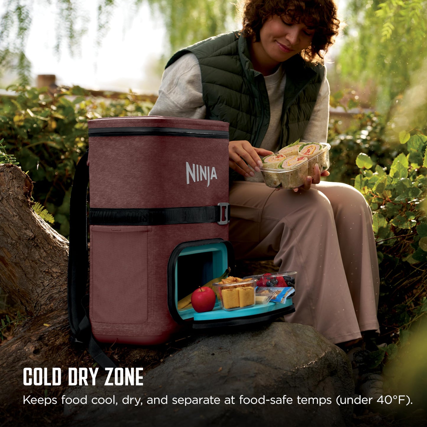 Ninja | Backpack Cooler | FrostVault Go 24 Can Soft Cooler | Leakproof Zipper with Built in Can Opener, 2 Ice Packs & Dry Storage Drawer | for Hiking, Camping & More | Canyon Red | FF124MR